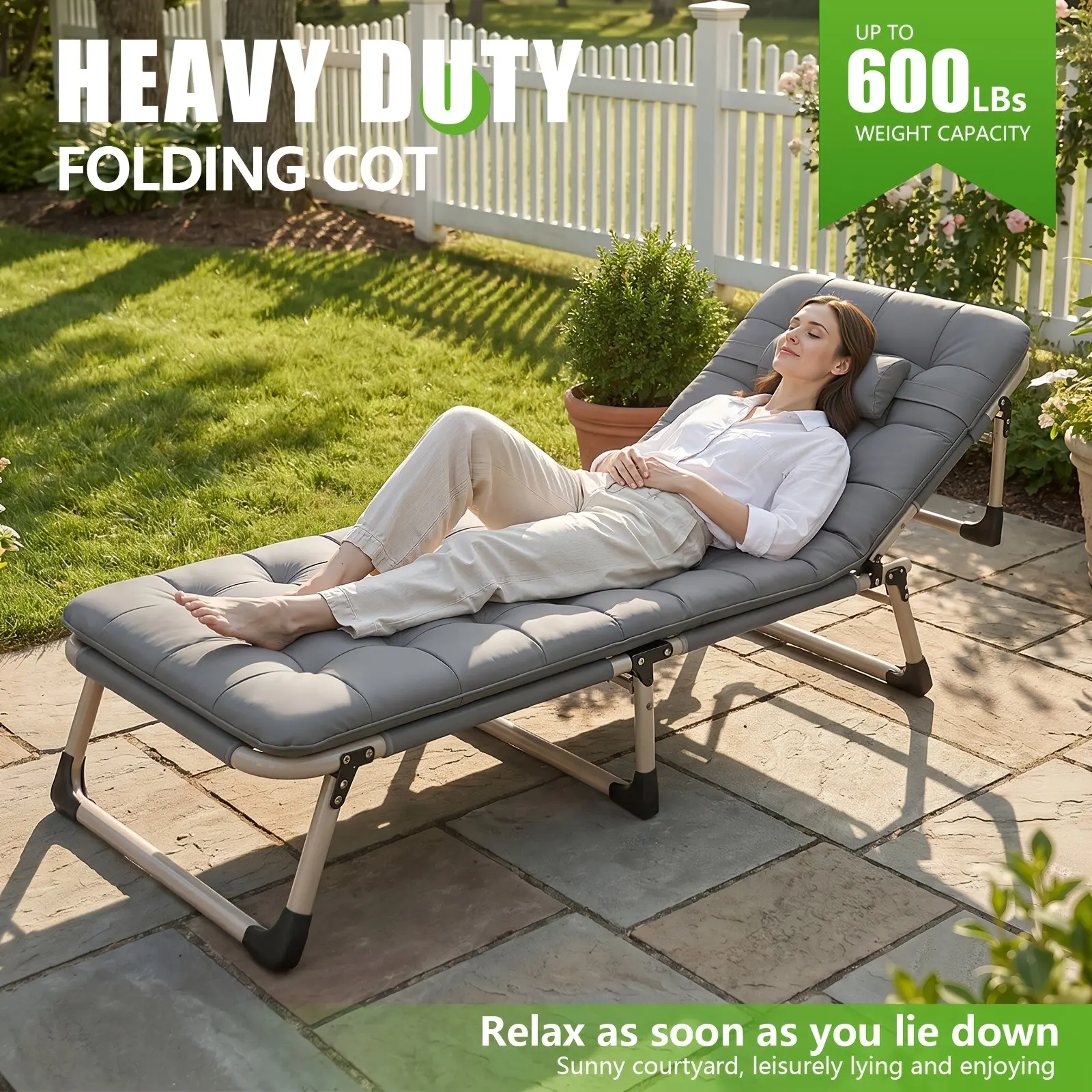 Heavy-duty Adjustable Patio Recliner with Mattress, Weight Capacity Up to 600 Lbs, Folding Outdoor Lounge Bed, Portable Multi-position Camping Cot, Suitable for Yard, Lawn And Garden Use