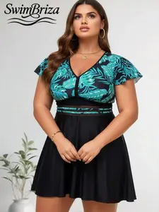 Briza｜One Piece Swimsuit For Women With Flutter Sleeve Swim Dress Style In Black Tropical Leaf Print, Plus Size Swimsuits And Plus Size Swimwear, Vacation Swimwear For Women, Bathing Suit With Tummy Control Swimwear For Poolside Confidence