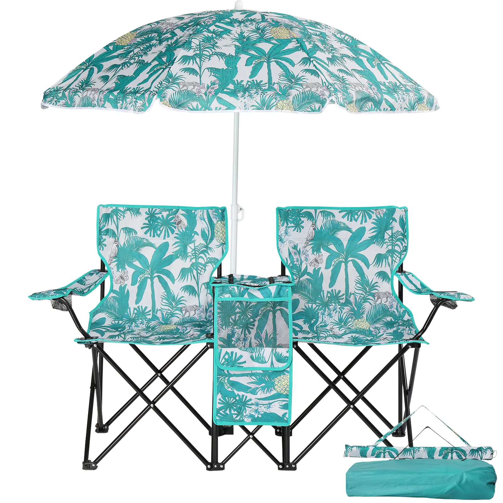 2-Seat Setup Pineapple Design Oxford Portable Foldable Frame Outdoor Beach Chair - 54.3in x17.1in x30.9in, Retractable Removable Umbrella, 180lbs Weight Capacity, for Fishing (Home & Garden Supplies), Two-Seat Setup