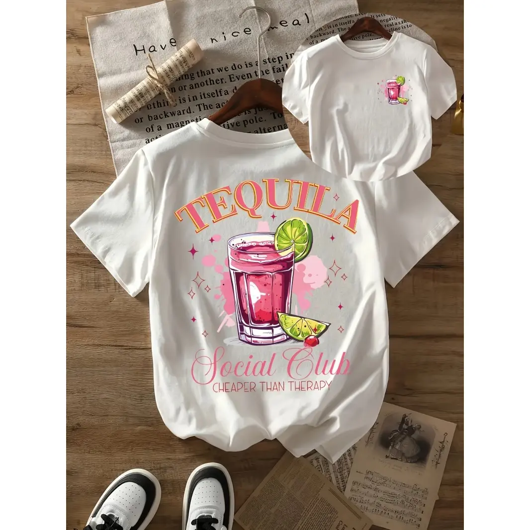 Womens Cotton Short Sleeve Graphic Tee Tequila Social Club Cocktail Print Summer Vacation Beach Weekend Brunch Party Outfit Soft Breathable Casual Streetwear Top