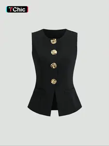 Women's Basic French Metal Button Sleeveless Thin Slim Blazer Vests, Casual Daily Wear Jacket, Lightweight Outerwear for Spring & Fall
