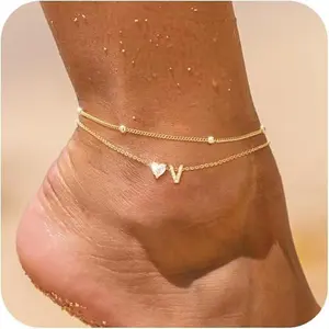 Tewiky Love Heart Initial Anklets for Women Dainty CZ Anklet Trendy Waterproof Fashion Jewelry Gifts for Women For Summer Toe Rings
