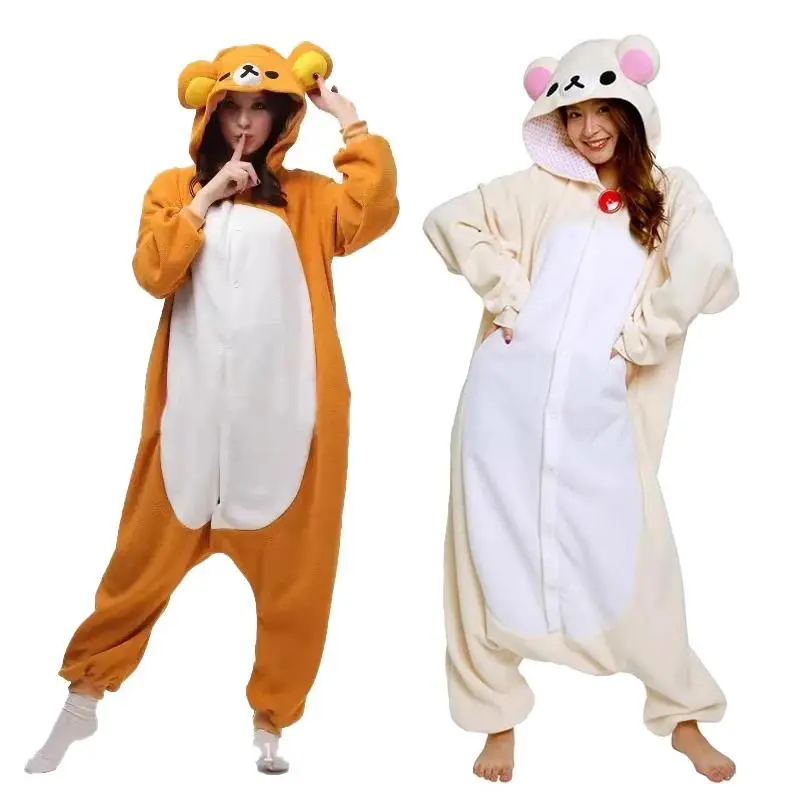 Rilakkuma Japanese Cartoon Character Long-Sleeve Polyester Fabric Nightwear, Adult Kawaii Kigurumi Jumpsuit Loungewear, Bear Sister Anime Peripheral Gift