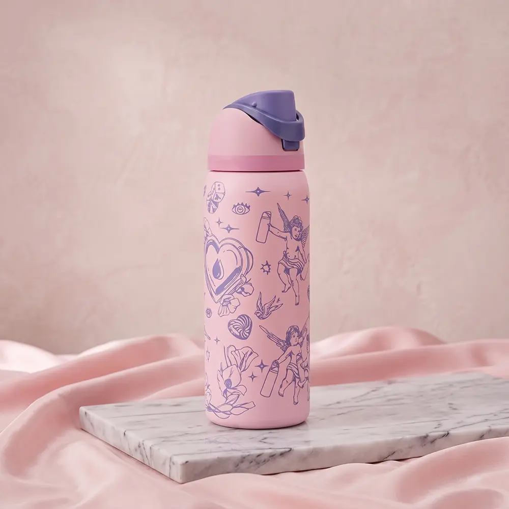 Pink Angel Graphic Water Bottle with Push-Button Flip Lid – Cute Leak-Resistant Reusable Travel Bottle for Women & Teens, School, Gym & Daily Use
