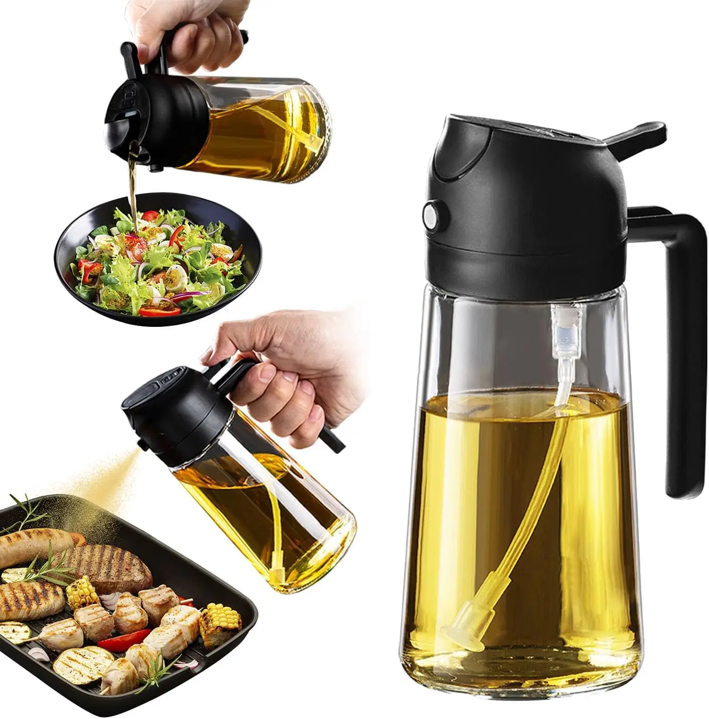 [New Deal] Olive Oil Sprayer 16oz/470ml - 2 in 1 Dispenser for Cooking, Air Fryer, Salad & BBQ - Black - Ideal for Kitchen Gadgets - Utensils Bottle