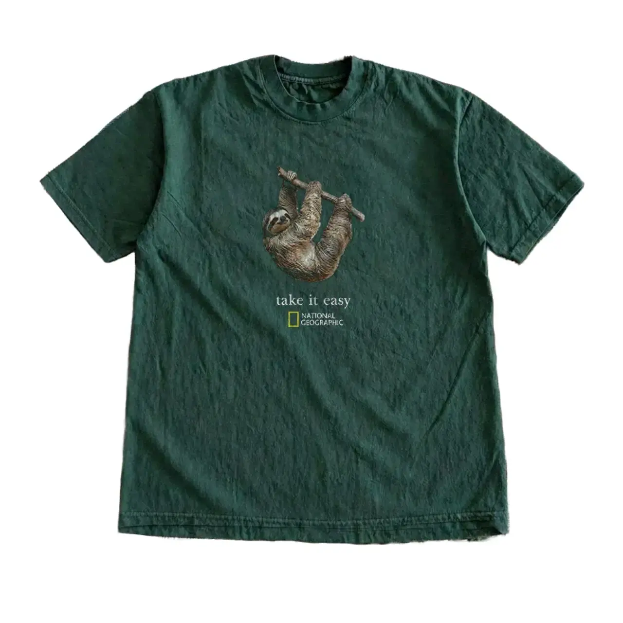 Vintage Style National Geographic Sloth Take It Easy Green T-shirt, Funny Cute Animal T-Shirt Unisex Forest Green Short Sleeve Cotton Top