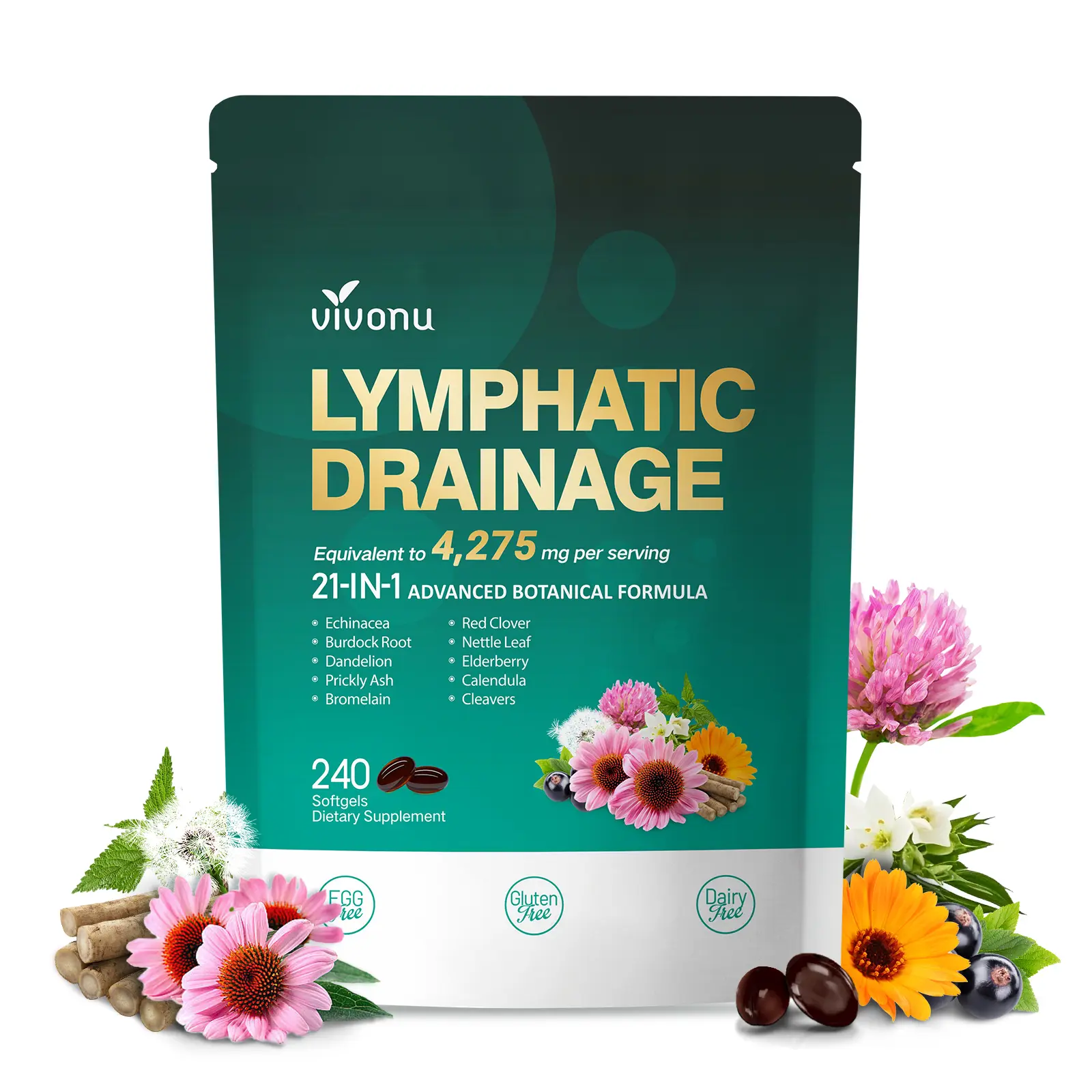 VivoNu  Lymphatic- Supports Lymphatic Circulation | Detox & Reduces Swelling | Key Ingredients: Echinacea, Dandelion, Nettle, Burdock, Calendula, Red Clover | 240 Capsules | Supports Immune System & Metabolism SummerVibes