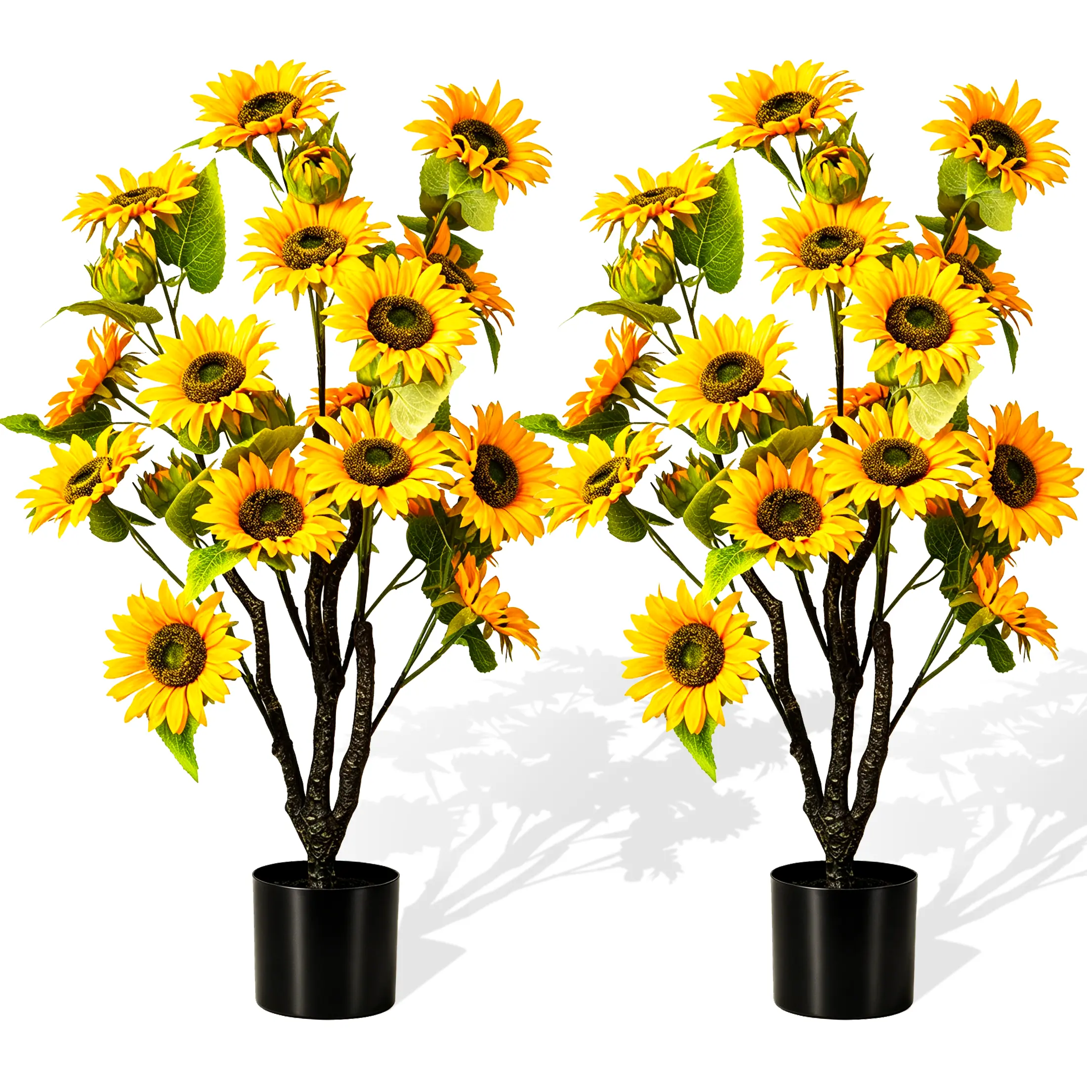 2-Piece 3ft Artificial Sunflower Trees in Decorative Pots, Vibrant Faux Flowers, Realistic Green Leaves, UV-Resistant Plastic, Maintenance-Free for Home, Porch Decor