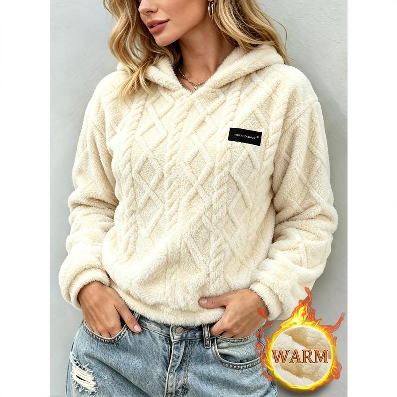 Women’s Fleece‑Lined Thick Hooded Sweatshirt, Autumn Winter Stylish Jacquard Fabric Pullover Top, Soft Warm for Daily Lounging, Outdoor & Multi‑Occasion Wear