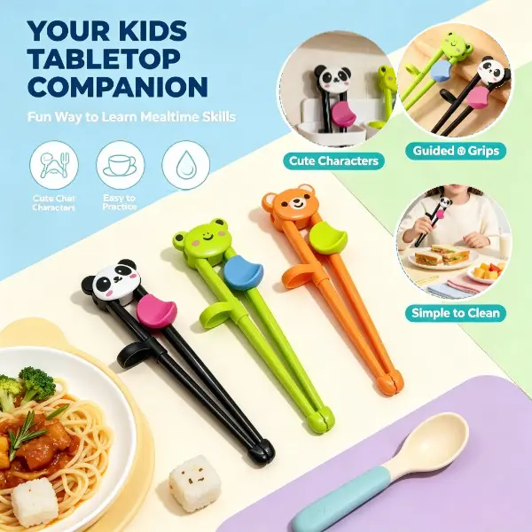 3 Pairs Toddler Learning Chopsticks – Cute Panda/Frog Shapes with Anti-Slip Finger Rings, Portable for Kitchen/Dining/Picnics, Boosts Hand-Eye Coordination & Self-Feeding