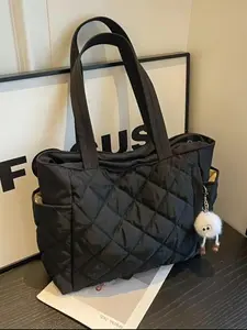 Women's Large Capacity Bag with Diamond Pattern Casual Simple Daily Commuter Shoulder Bag with Cute Charm, Elegant Commuter Bag