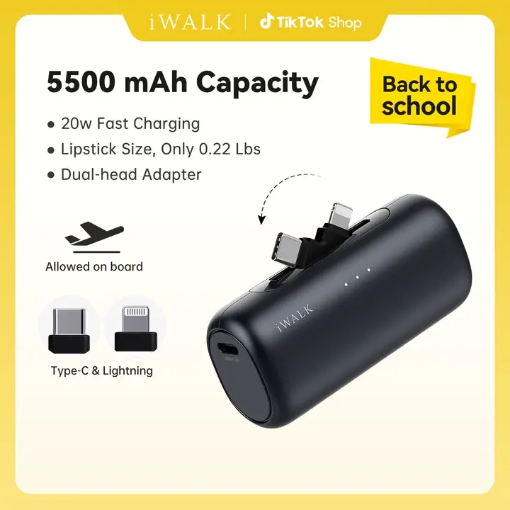 iWALK Plug USB Portable Power Bank, 5500mAh 2-in-1 USB-C&Lightning Plug, 20W Adaptive Fast Charging, 9 Safety Layers Protection, 2-Port Rechargeable Battery Power Bank for iPhones, Smartphones & Cellphones summerwins,summerwins,back to school tiktokshopba