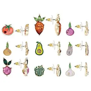 JTV Multi-Color Crystal & Enamel Gold Tone Vegetable Stud Earring Set of 9