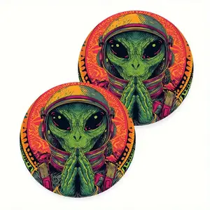2pcs Alien-Themed Car Cup Holder Mats with Non-Slip Surface & Design - Vibrant Green & Pink Alien Face & UFO Art, Durable Plastic Coasters for Vehicle Interior, Fits Cup Holders Precisely, Car Accessories for Sci-Fi Fans, Car Interior Decoration, Keeps Dr