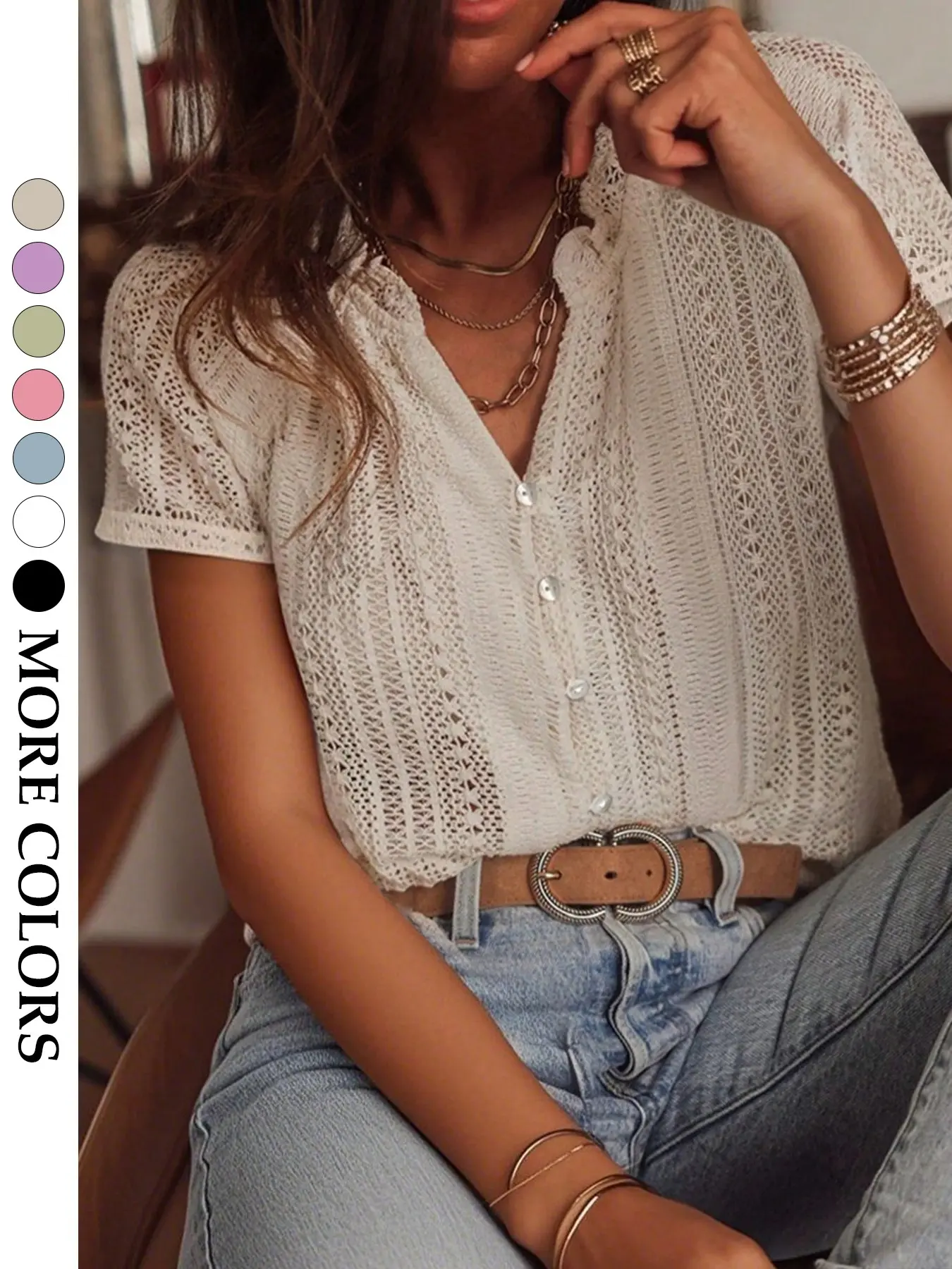 Women's French Vintage Lace Cutout Shirt, V Neck Pearl Button Short Sleeve Top, Summer Vacation Boho Chic Blouse for Girls