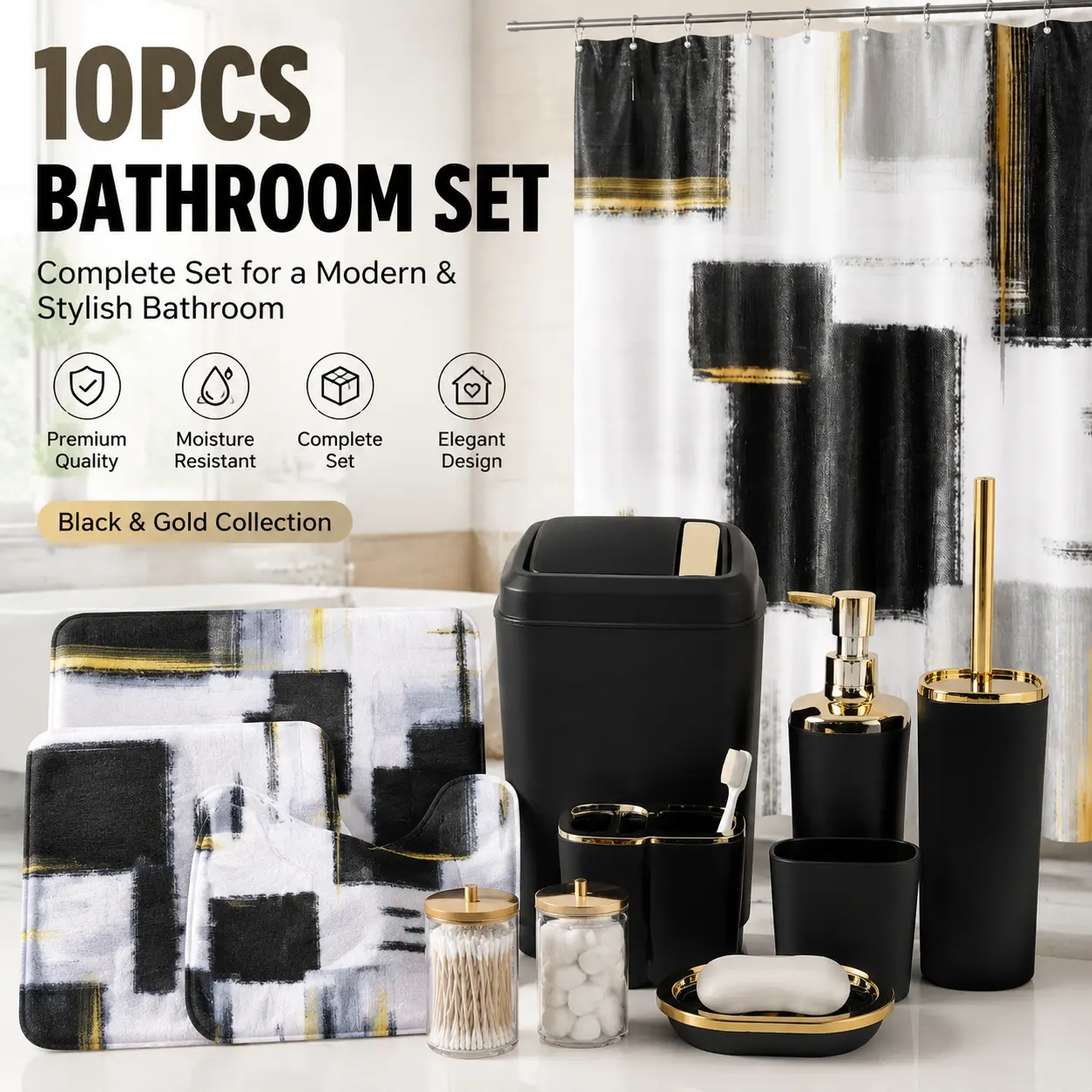 Black Bathroom Accessories Set - Waterproof Complete Kit with Shower Curtain, Smooth Rugs, Trash Can, Soap Dispenser, Soap Dish, Toothbrush Holder, Wipe Cloth for Modern Home Decor
