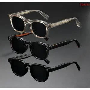 3-Pack Retro Square Sunglasses – Tortoise Acetate Engraved Frames with UV400 Black Lenses, Unisex Protective Eyewear