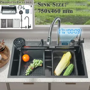 Smart Kitchen Sink, Stainless Steel Large Single Bowl Slot Waterfall Set with Integrated Digital Display Faucet, Soap Dispenser and Cup Washer