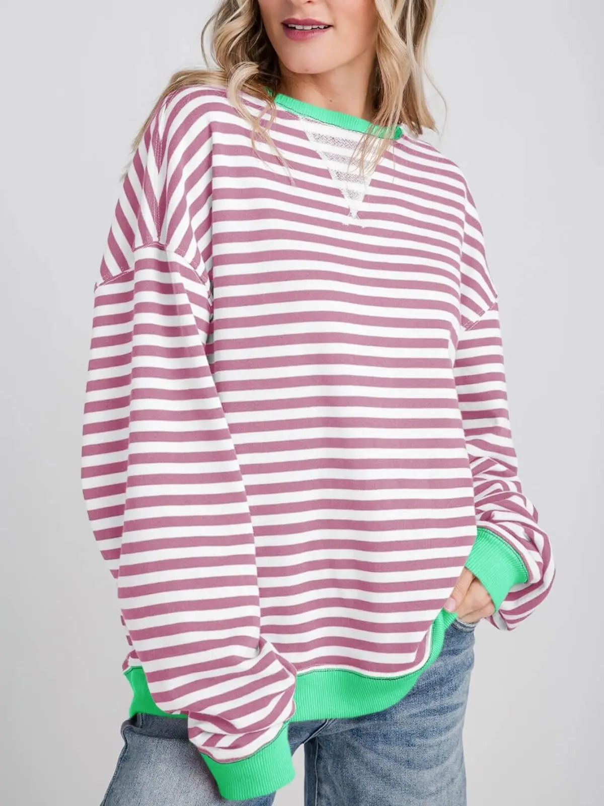 FISOEW Womens Striped Oversized Sweatshirt Color Block Crew Neck Long Sleeve Shirt Casual Loose Pullover Top Y2K Clothes Hoodie denimtearhoodie pink palm zip hoodie graphic zip Leg Baggy Womenswear Cotton Chic Breathable