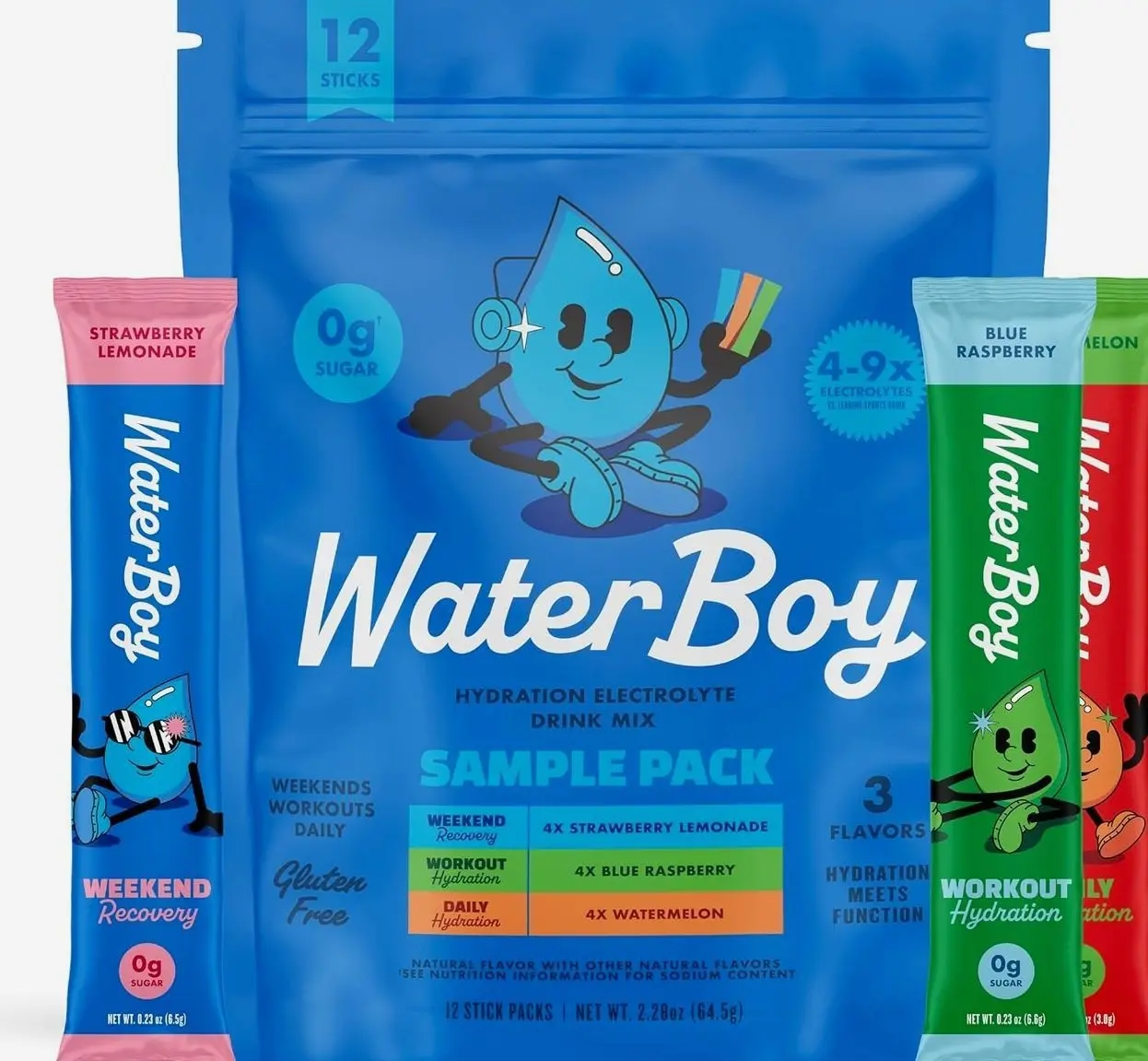 Waterboy Hydration Recovery, Sample Pack, Sugar Free Electrolytes 12ct | Hydration Packet Drink Mix Made with Premium Pink Himalayan Salt for Daily Hydration, Keto Friendly, Non GMO, Vegan, No Sugar