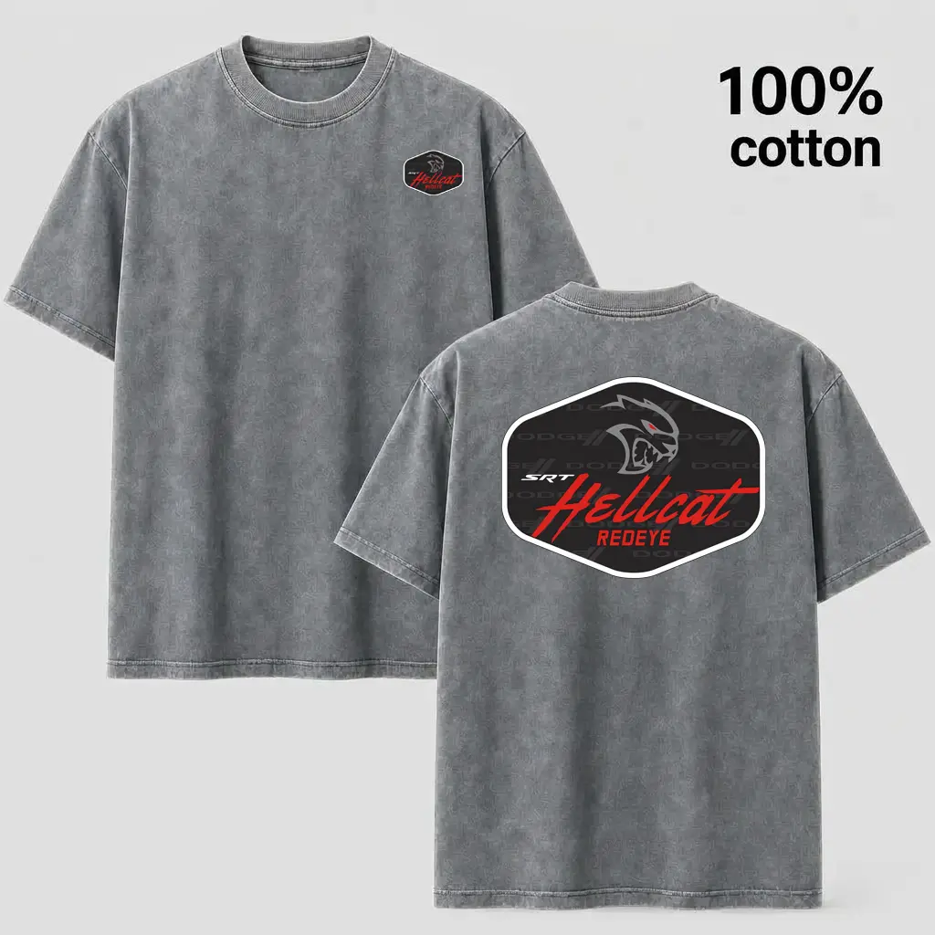 100% Cotton SRT Hellcat Redeye Vintage Wash Distressed Look Grey Tshirt - Men's Streetwear Casual Wear, Muscle Car Graphic Sports Top