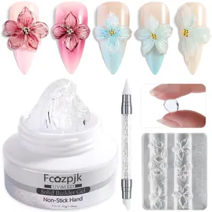 Fcozpjk Clear Solid Builder Gel For Nails, 30g Hard Gel for Nails with Silicone Molds for Carving Non-Sticky Building Gel 3D Sculpture Gel Flowers Nail Modeling Design Professional Manicure Supplies