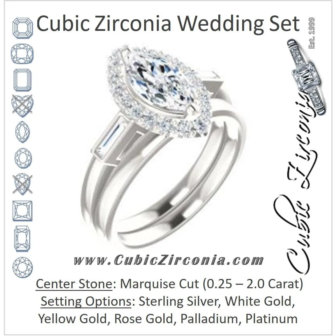 CZ Wedding Set, featuring The Azariah engagement ring (Customizable Cathedral Marquise Cut Design with Halo and Straight Baguettes)