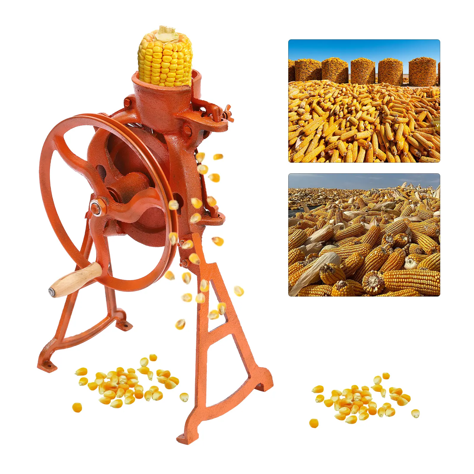 CNCEST 2-in-1 Durable Smooth Wood-Metal Pig Iron Hand Crank Sheller Thresher - 10cm Inlet Food Processing Tool, Manual/Motorized Feed, Fast Dry Corn Kernel Removal, Spring Feed Adjust, Farmers-Focused, Excellent Stability, Comfortable User Experience