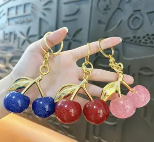 Glittery Gold Cherry Design Keychain - Gold Accents Charm Keychain, Cherry Bling Bag Charm Accessory for Bags & Backpacks, Personalization Fashion Costume Jewelry, Glittery Gold Keychains, Gold Accents Keychains