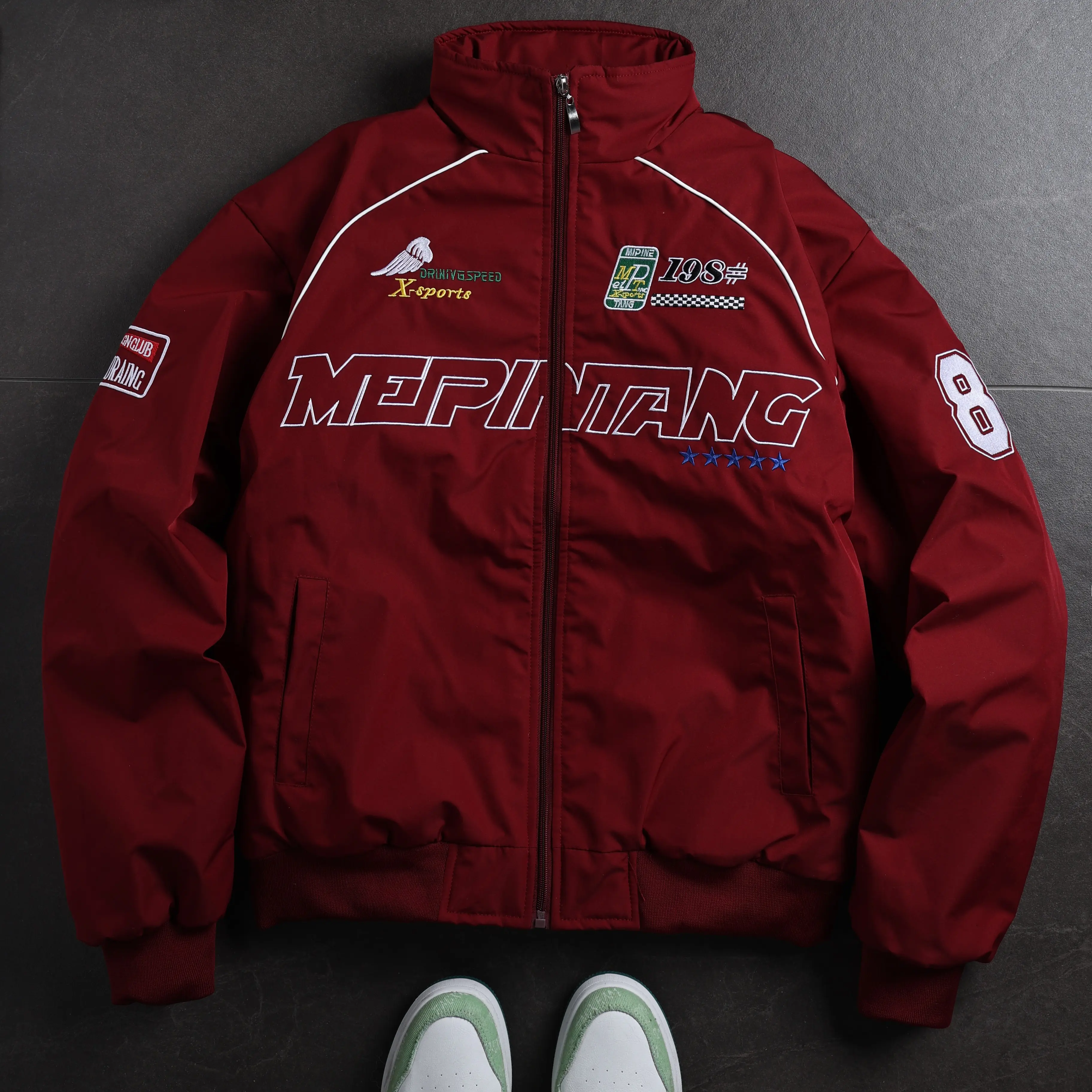 Men's Stylish Aviator Jacket in Warm Chenille Fleece with Racing Prints and a Stand Collar for Casual Streetwear, Menswear