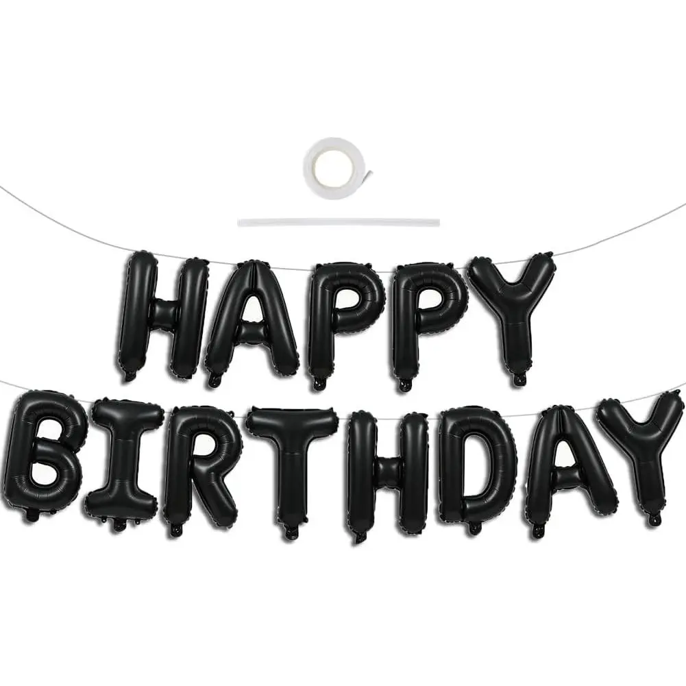 16-Inch Self-Sealing Black Aluminium Mylar Ribbon Balloons with Curling Ribbon & Filling Pump (15 Pcs) - Reusable Statement Banner Letters Bunting for 30th/40th Birthday, Baby Shower Indoor/Outdoor Decor