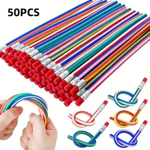 50 Flexible Colored Pencils with Erasers, Soft Striped Design for Students, Perfect Gift for Halloween Christmas Valentine's Day