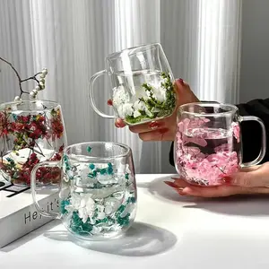 Double Layer Glass Cup with Handle, Floral Pattern Design, Ideal for Flower Tea, Coffee, Home Decor, Perfect Holiday Gift