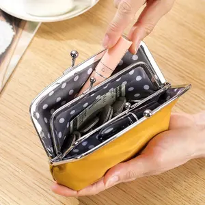 Genuine Leather Coin Purse with Kiss Lock - Vintage Mini Top Grain Cowhide Pouch for Keys, Earphones & Currency Storage