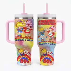 Retro 80s Besties Tumbler: Strawberry Shortcake & Rainbow Brite Insulated Cup w/ Straw & Handle
