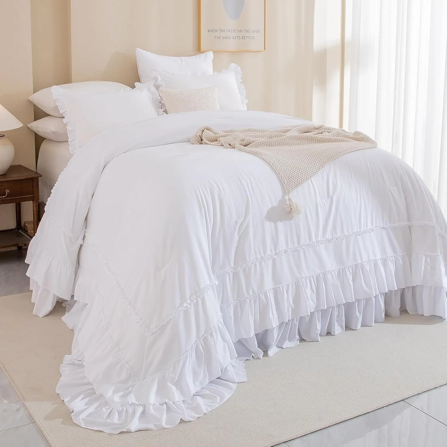 White Oversized King 120x120 Polyester Comforter Set - 3PCS (1 Handmade Hem Ruffle Comforter + 2 Pillow Shams), Solid Pattern, All Seasons, Fluffy Soft, Durable, Rustic Boho French Country Style, Machine Washable Gentle Cycle Compatible