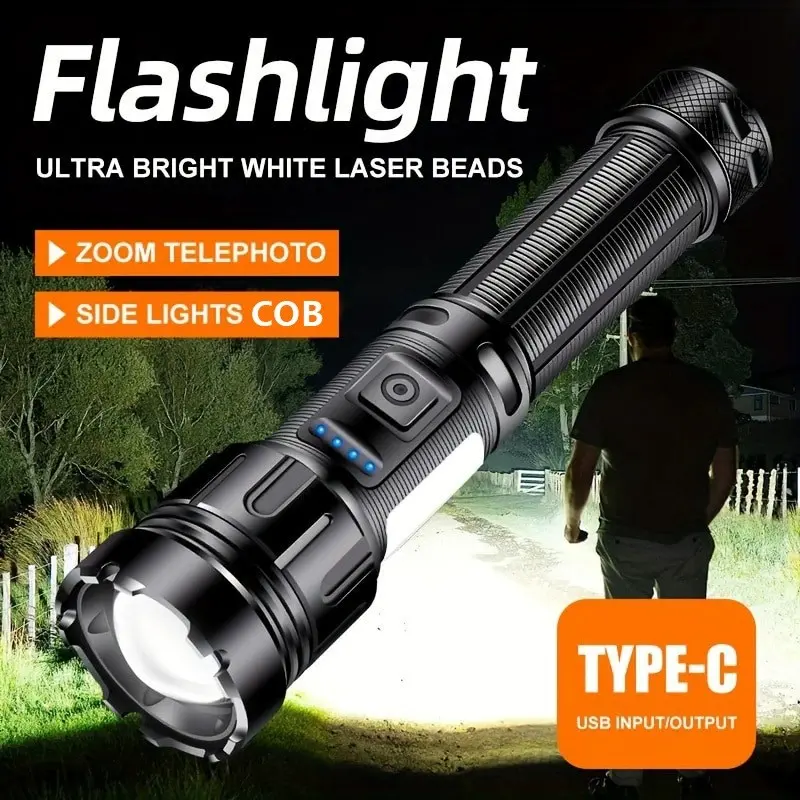 LED Rechargeable Flashlight, Waterproof Super Bright Torch with 7 Modes & Zoom Function. Portable durable searchlight, ideal for camping, hiking and outdoor sports, great for night activities and daily outdoor use anytime easily