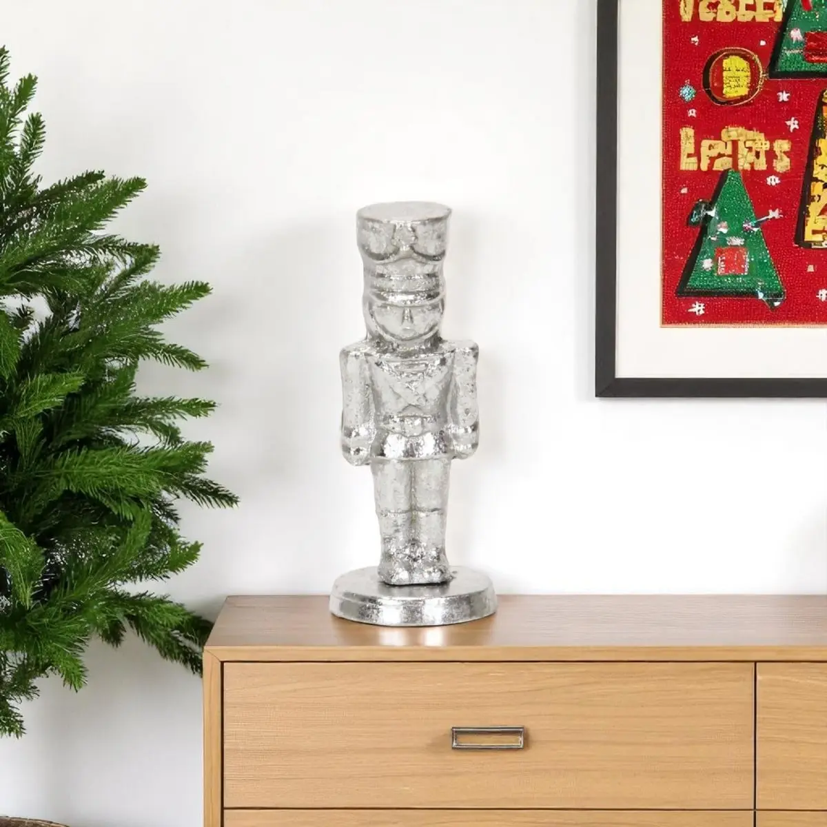 6 in. Silver Cast Iron Christmas Nutcracker Figurine Set with 360 Stand - Hand-Painted Sculpture, Modern Festive Decoration, Holiday Gift for Tabletop Room Decor, Distressed, Mother's Day, Ornaments