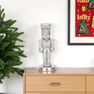 360 stand 6 in. Silver Cast Iron Christmas Nutcracker Figurine Set - Hand-Painted Sculpture, Modern Festive Decoration, Holiday Gift for Room Decor, Tabletop, Distressed