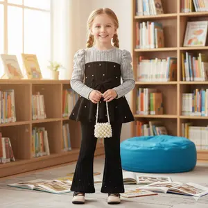 Girls Chic Pearl Embellished 2 Piece Outfit Set! Adorable Puff Sleeve Peplum Top & Flared Ribbed Pants - Perfect for Fall Winter School Party & Holiday Fashion. Comfy & Trendy Little Girl Clothes, Age 4-7. TikTok Shop Must-Have Gift for Her!