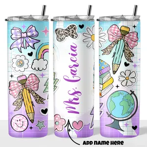 Purple Teacher With Name 20oz Steel Insulated Tumbler with Clear Lid and Reusable Straw - Flasks, Drinkware