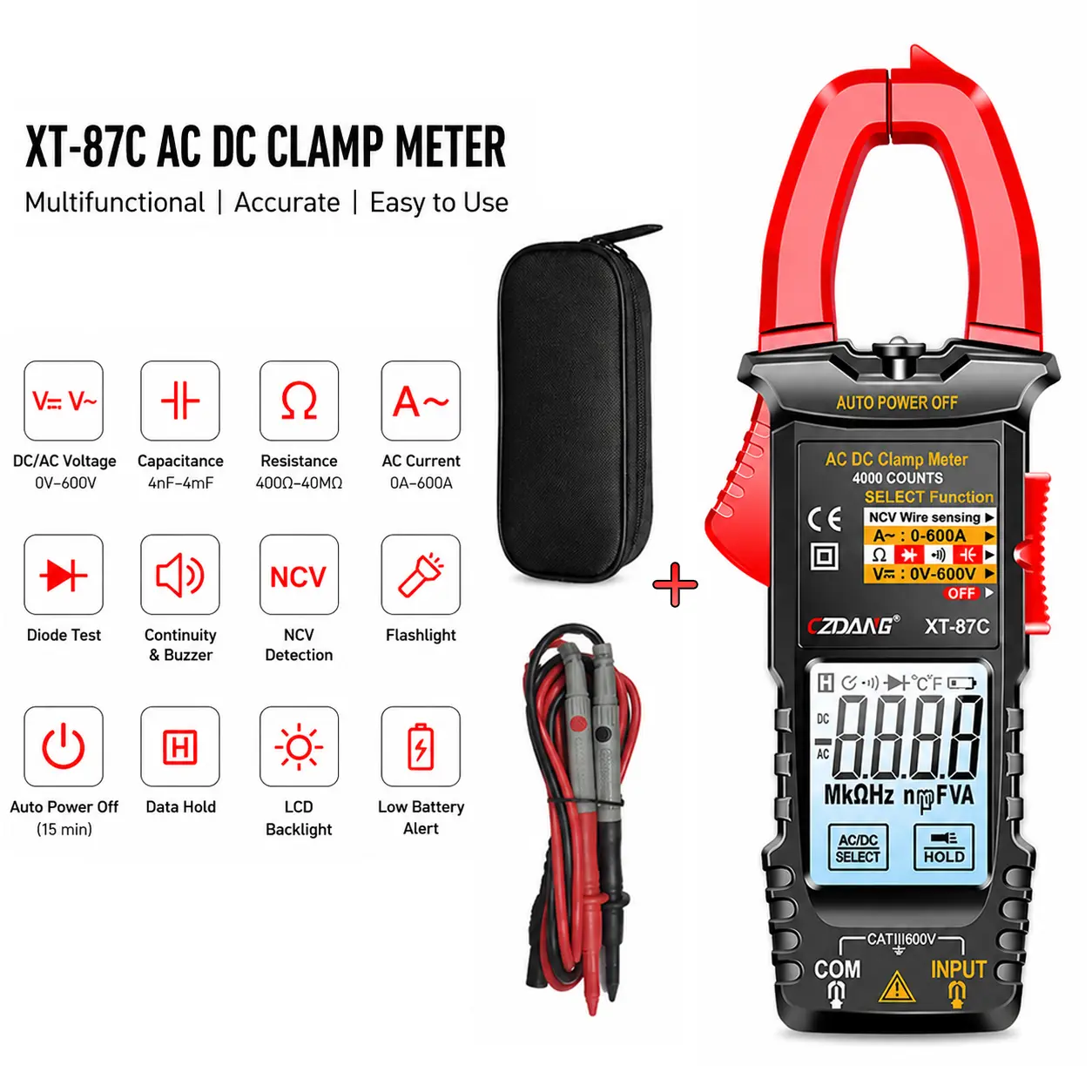CZDANG XT-87C Digital Clamp Meter 4000 Counts Auto-Ranging AC/DC Voltage NCV Tester with Backlight & Flashlight for Electrician HVAC DIY