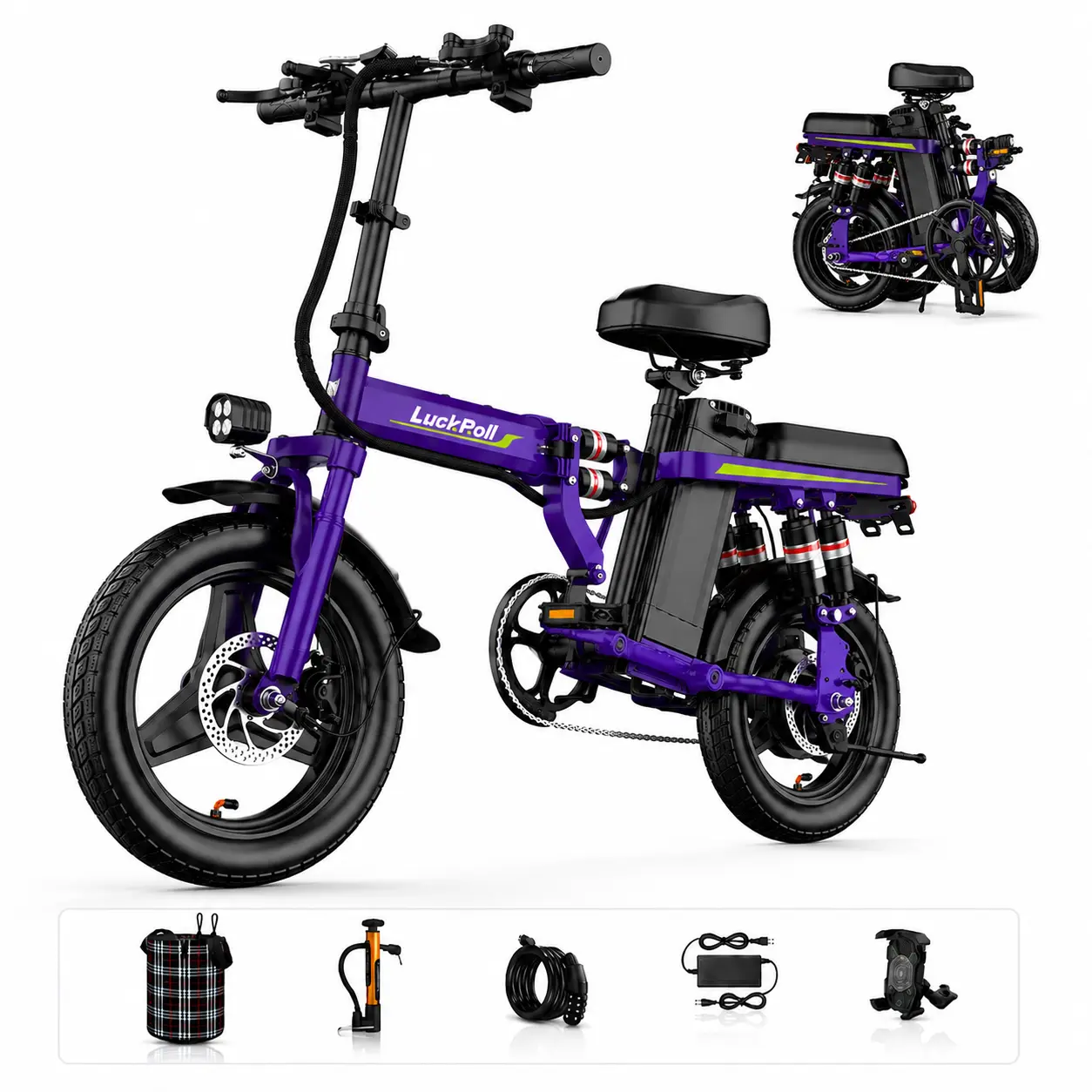 Adult Folding Electric Bike with LED Lights- 1000W Peak Power Ebike, 28 MPH, 48V 13Ah Battery, 50 Mi Range, Dual Disc Brakes, UL2849 Certified Purple Bicycles