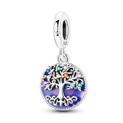 MULA Tree of Life Charm with Rainbow CZ & Purple Enamel, S925 Silver Plated, Family Tree Dangle Bead, Fits Most Bracelets & Necklaces, Gift for Her, Birthday, Family, Mom, DIY Jewelry