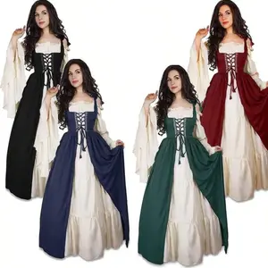 Retro long robe dress with a Renaissance-style strappy waist for medieval European or American court costumes or stage wear
