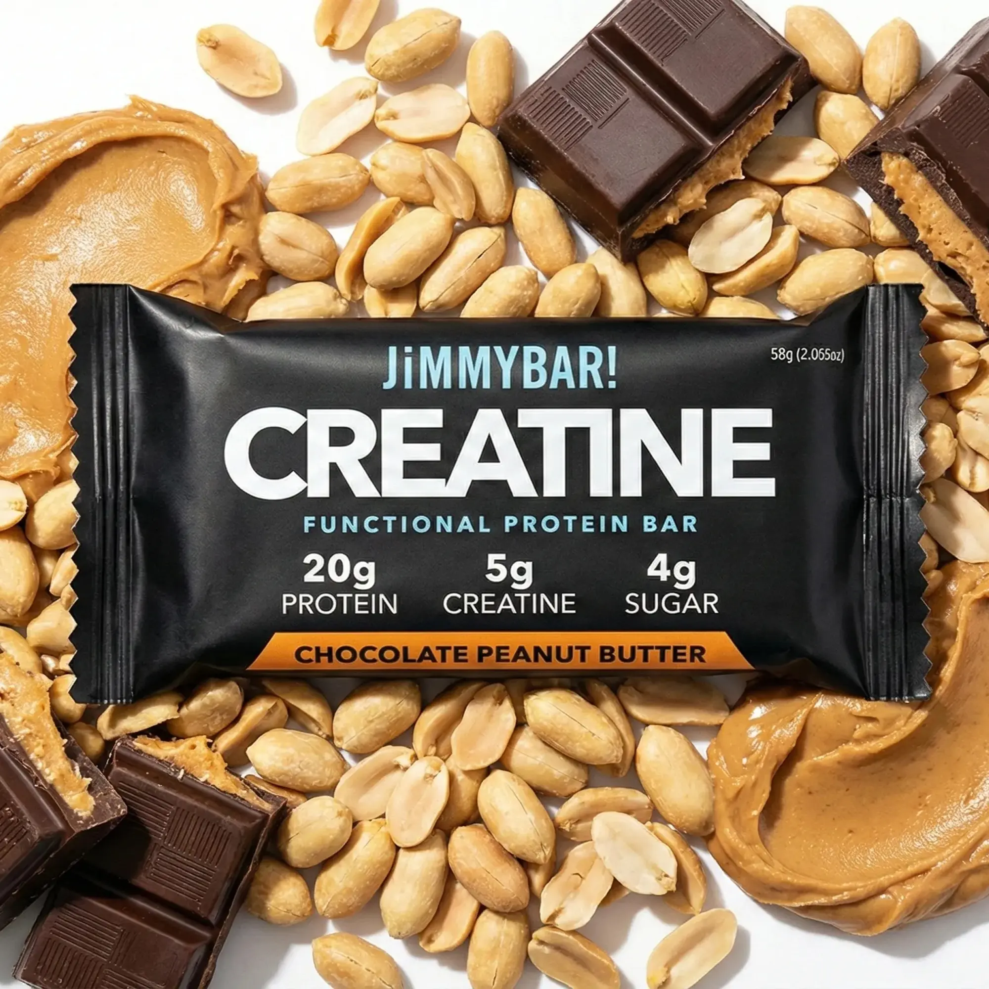 JiMMYBAR! Chocolate Peanut Butter Creatine Protein Bar - 20g Protein 5g Creatine - Gluten-Free 12 & 24 Count Box - Tasty Treat with Natural Ingredients - Snack - Homemade Peanut Butter Base, Protein Treats, Healthy Protein Snack