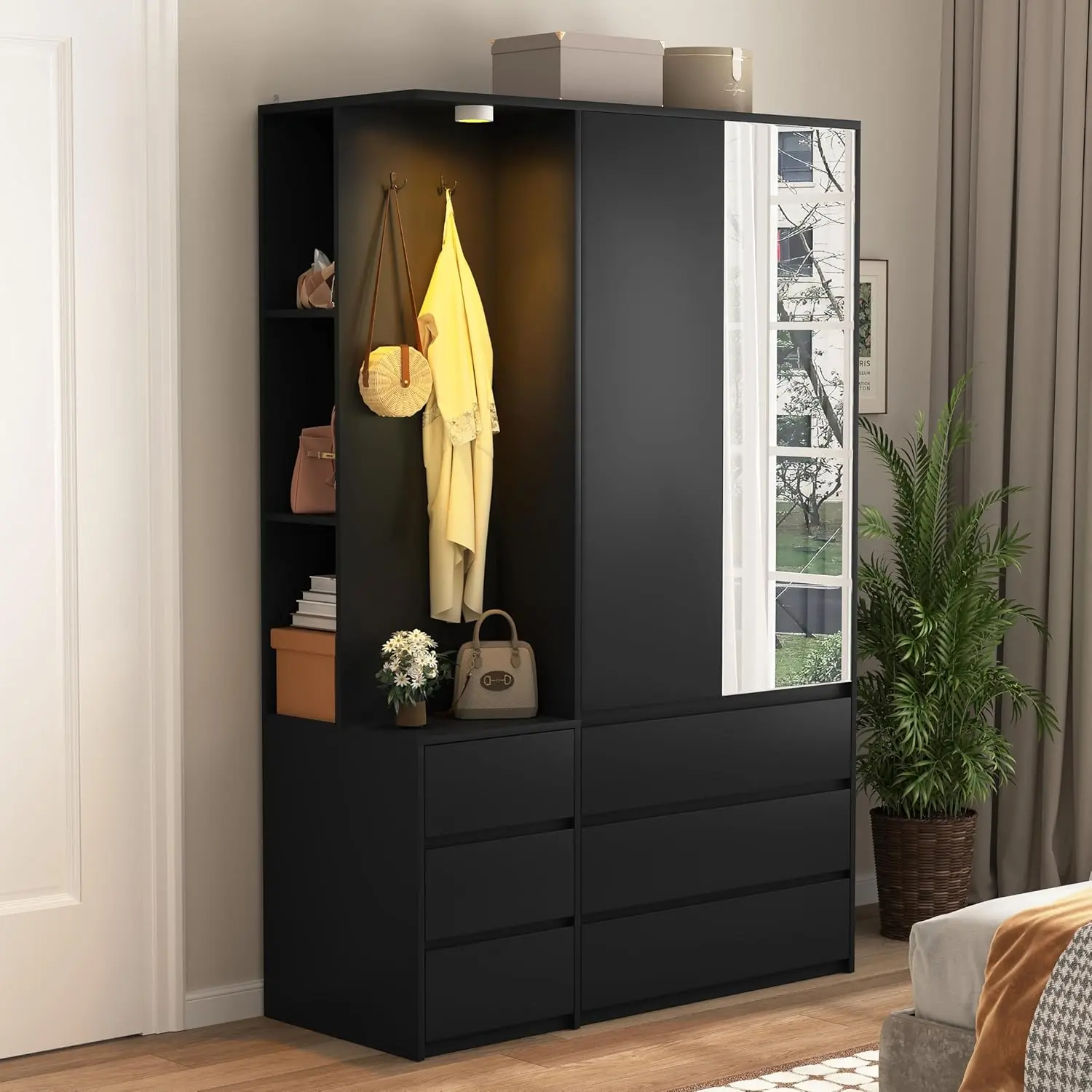 71.7'' Armoire Wardrobe Closet with Mirror Door & LED Lighting, Large Freestanding Modern Wooden 2 Doors Closet with 6 Drawers & 3 Storage Shelves & Hanging Rod & 2 Hooks for Bedroom (Black )