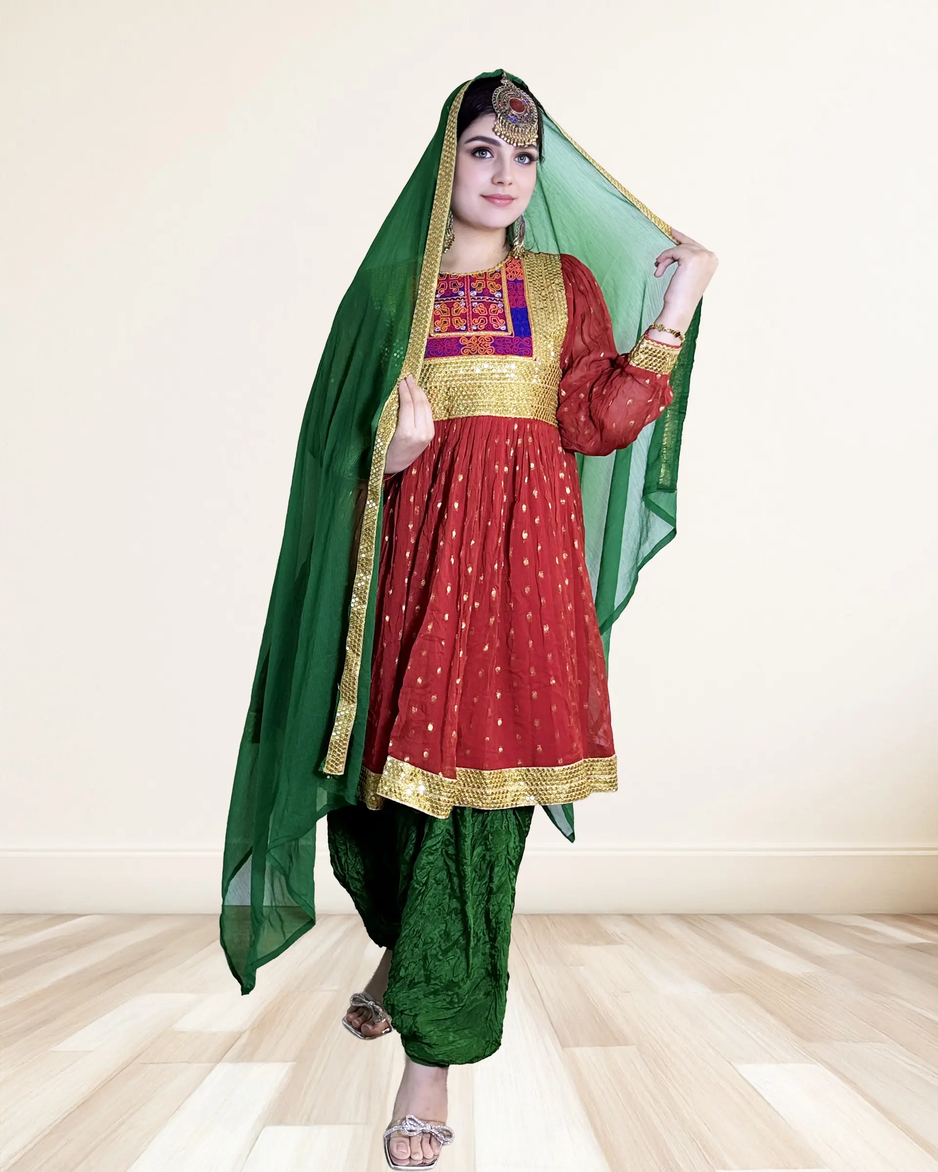 Women's Red-Forest Green Patiala Suit Clothes, Golden Gota Work, Lace Accents, Matching Bottoms for Wedding Events, Fabric, Flared