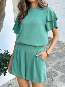 Mint green pleated design top and shorts set