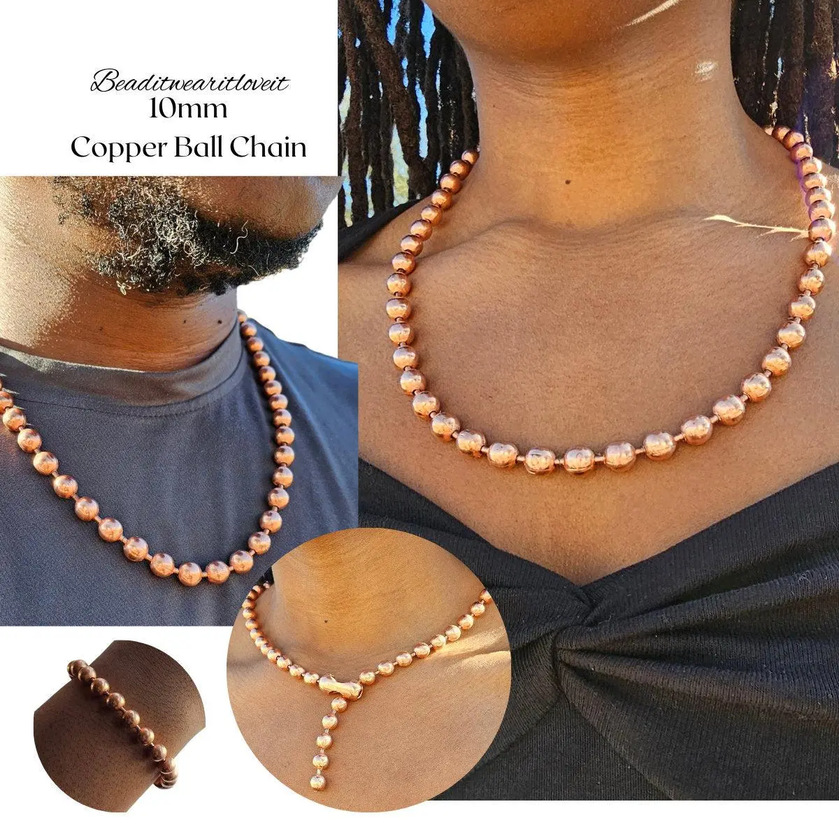 Large 10mm Copper Ball Chain, Solid Copper Bracelet, Copper Anklet [Made-to-Order]